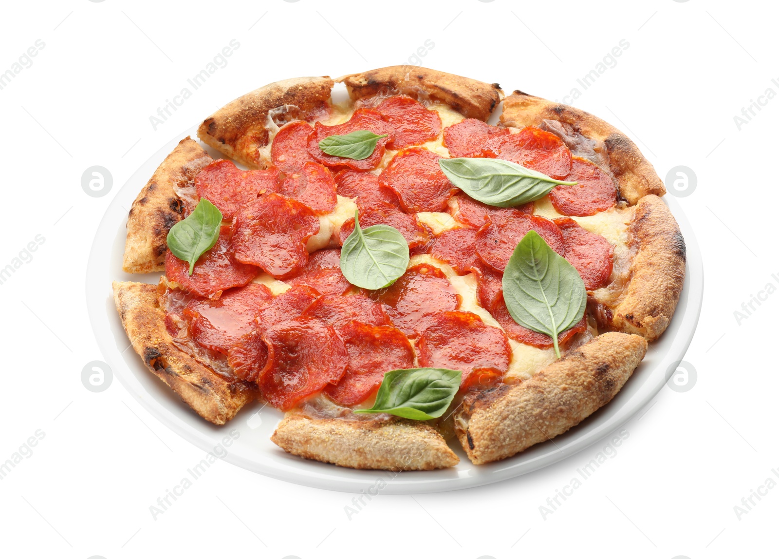 Photo of Tasty pepperoni pizza with basil isolated on white