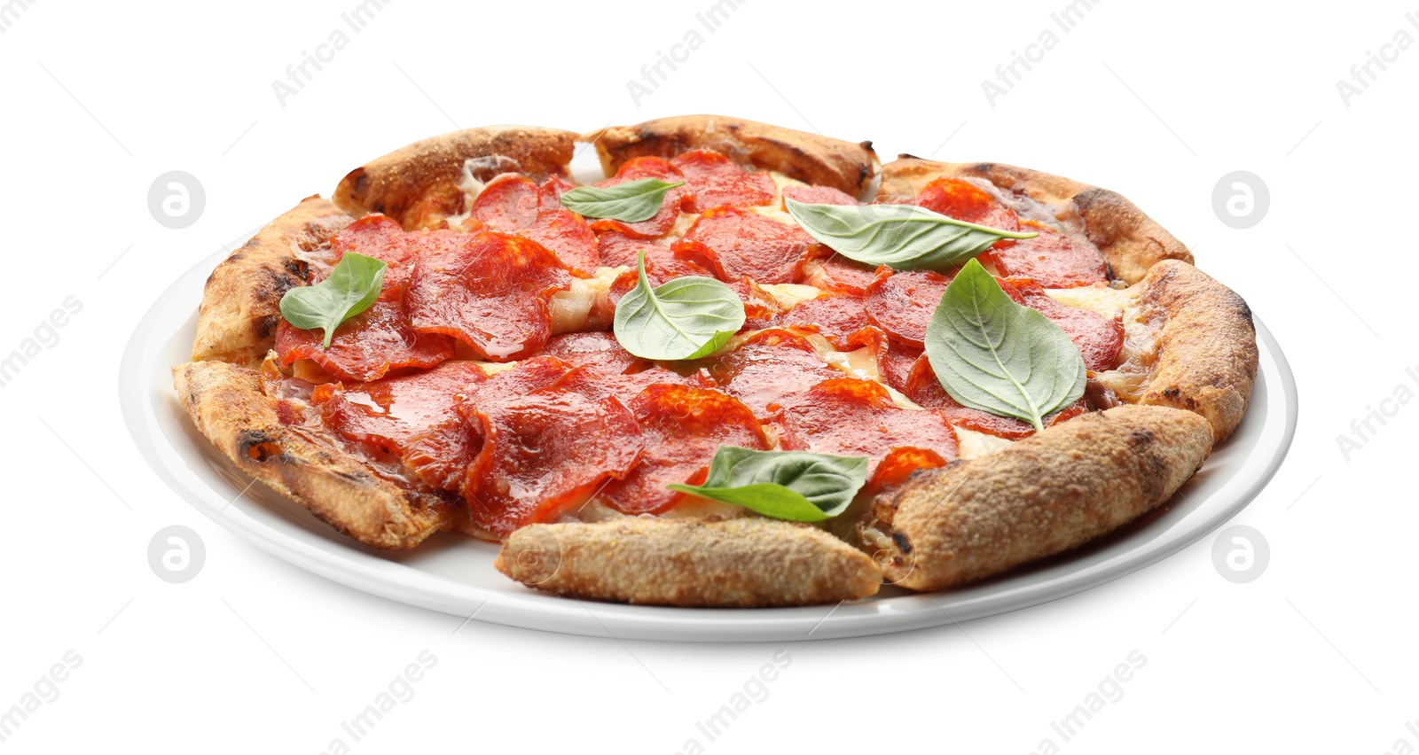 Photo of Tasty pepperoni pizza with basil isolated on white