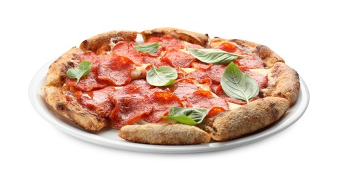 Tasty pepperoni pizza with basil isolated on white