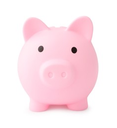 Photo of One pink piggy bank isolated on white