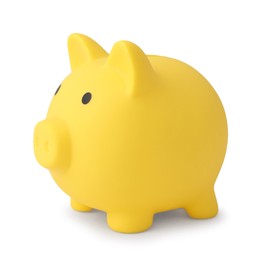 Photo of One yellow piggy bank isolated on white