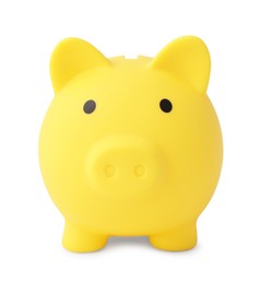 Photo of One yellow piggy bank isolated on white