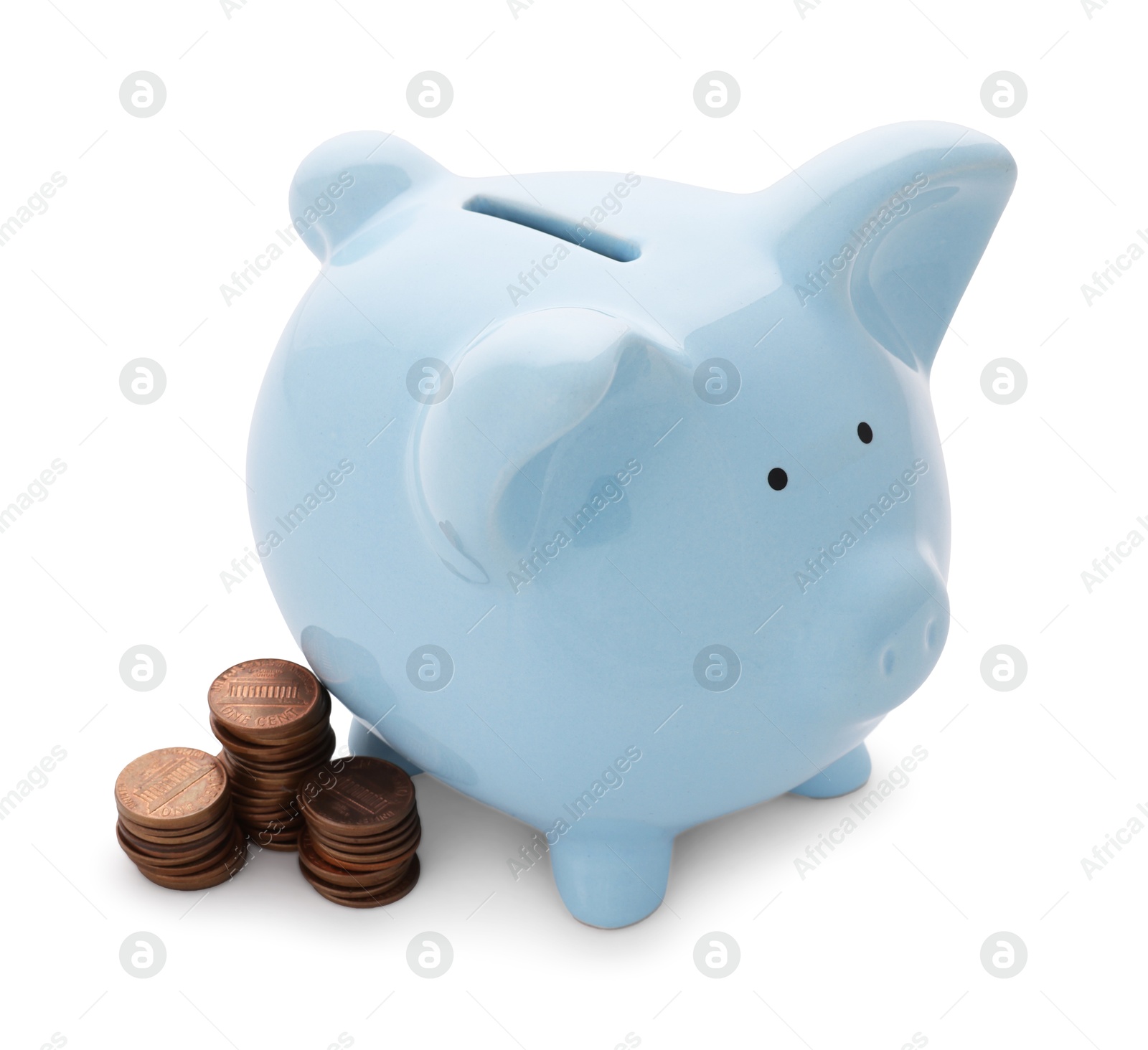 Photo of Light blue piggy bank and coins isolated on white