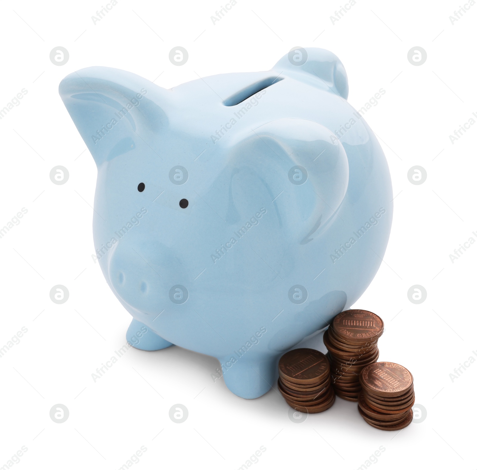 Photo of Light blue piggy bank and coins isolated on white