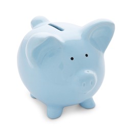 Photo of Light blue piggy bank isolated on white