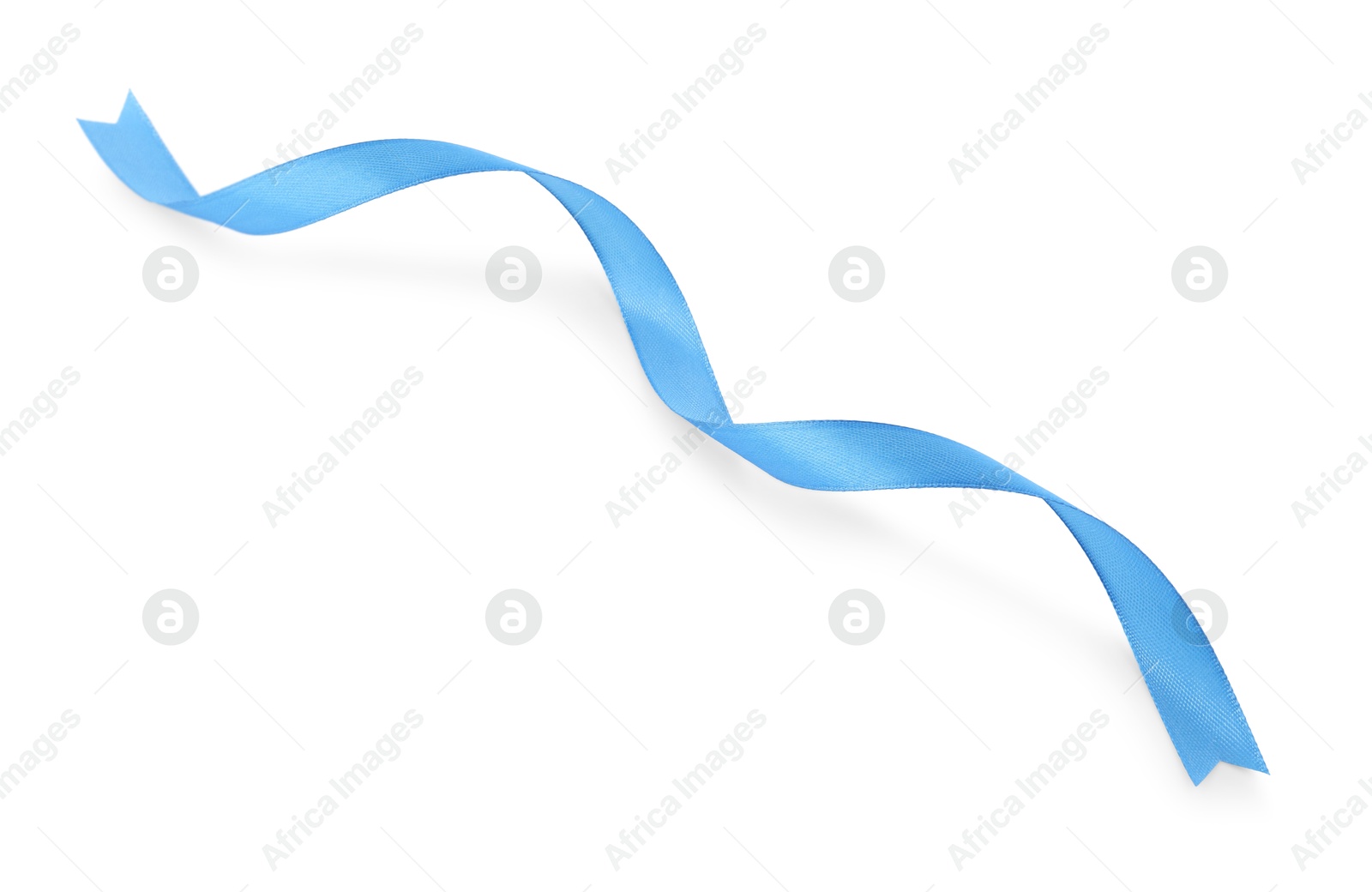 Photo of Beautiful light blue ribbon isolated on white, top view
