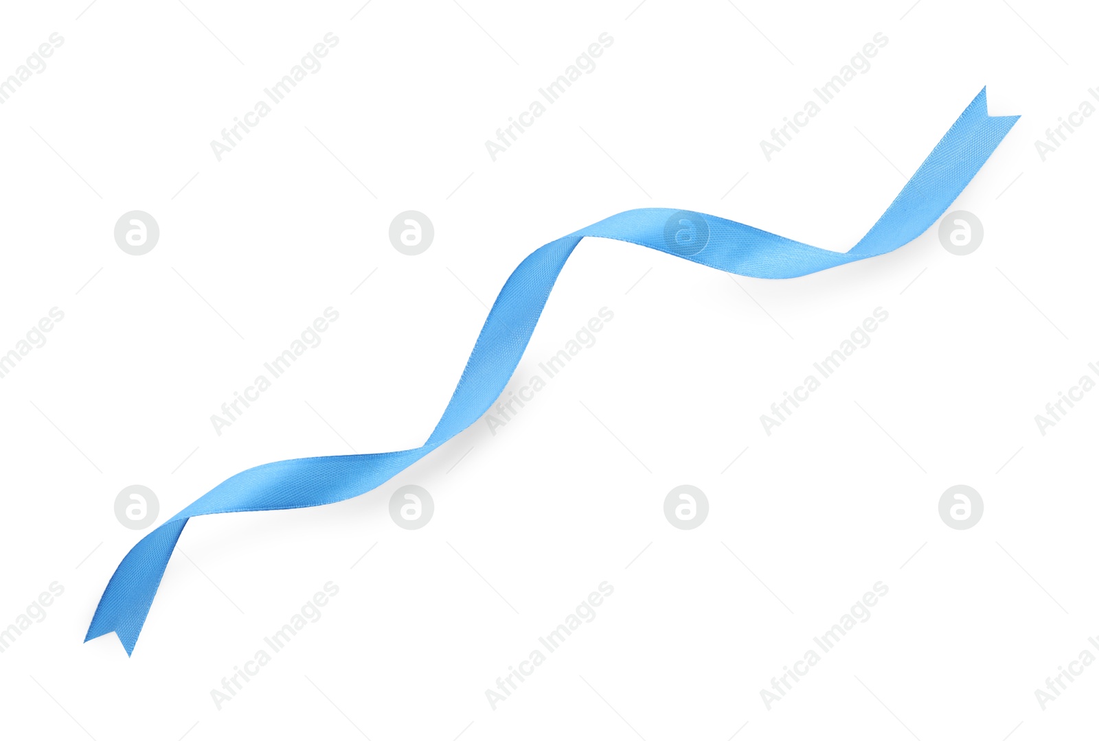 Photo of Beautiful light blue ribbon isolated on white, top view