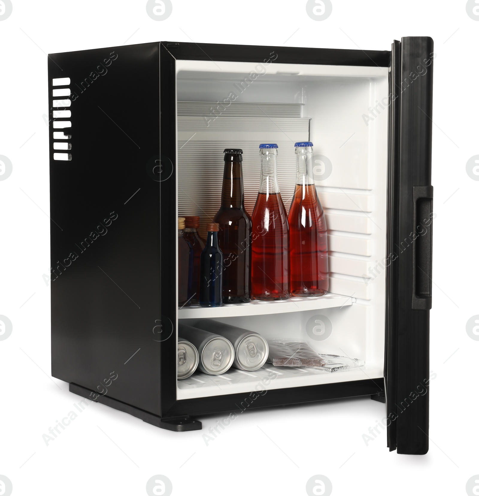 Photo of Mini refrigerator with drinks and snacks isolated on white