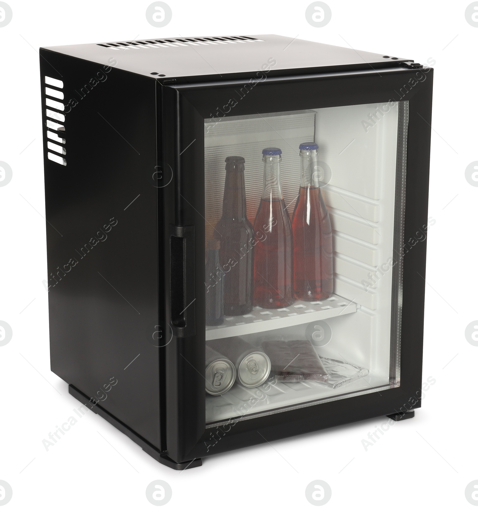 Photo of Mini refrigerator with drinks and snacks isolated on white