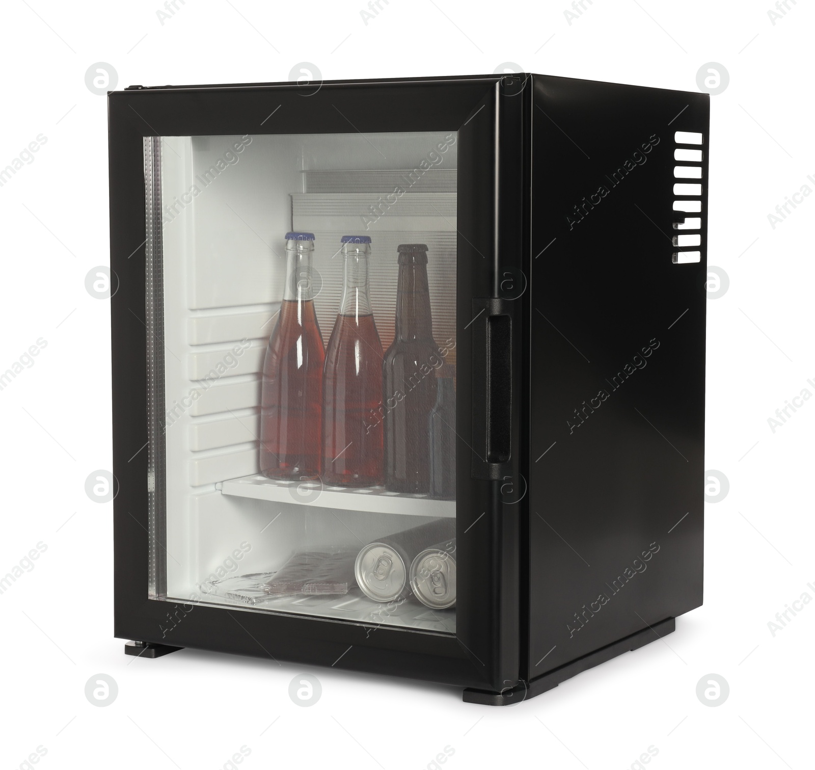 Photo of Mini refrigerator with drinks and snacks isolated on white