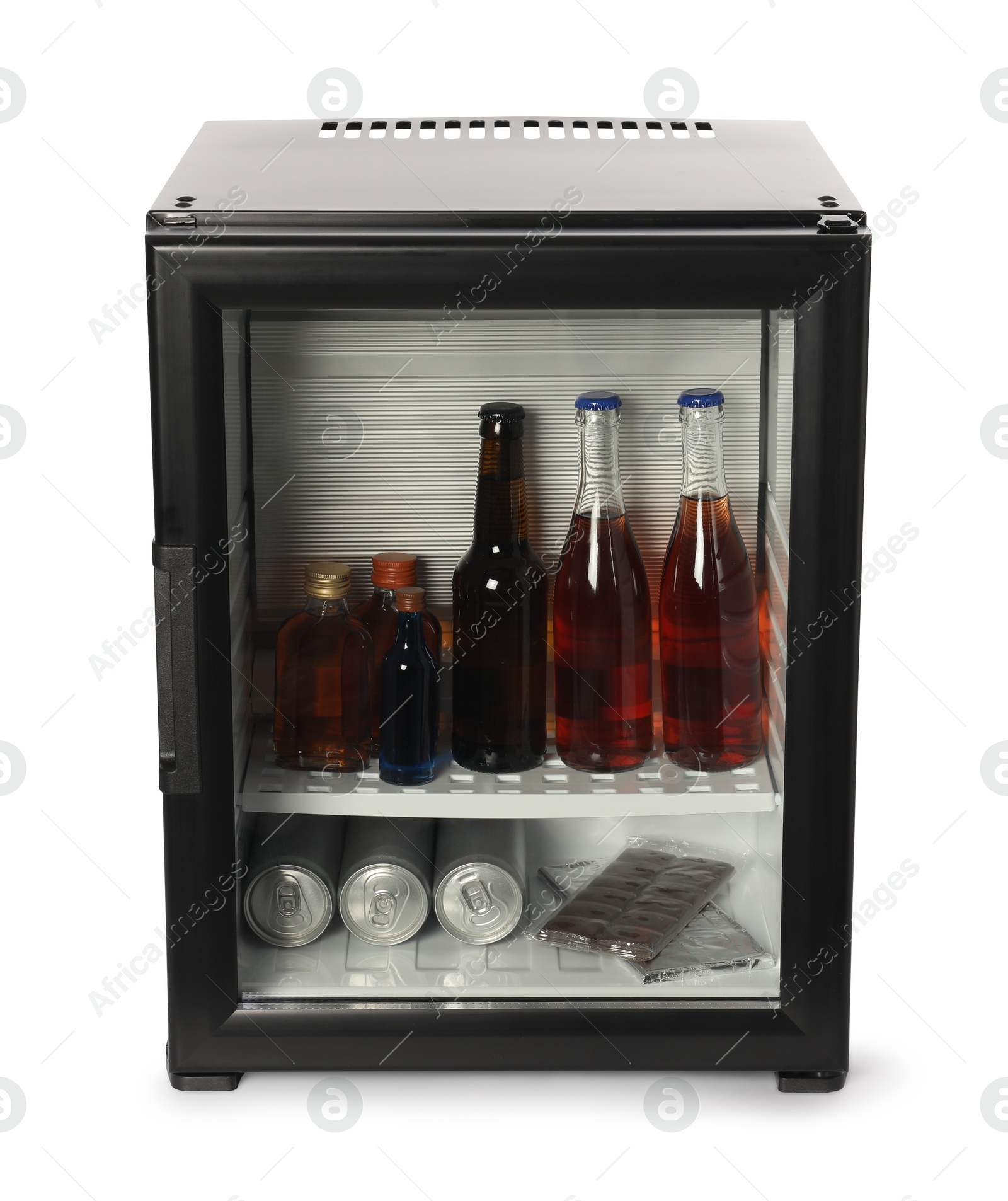 Photo of Mini refrigerator with drinks and snacks isolated on white