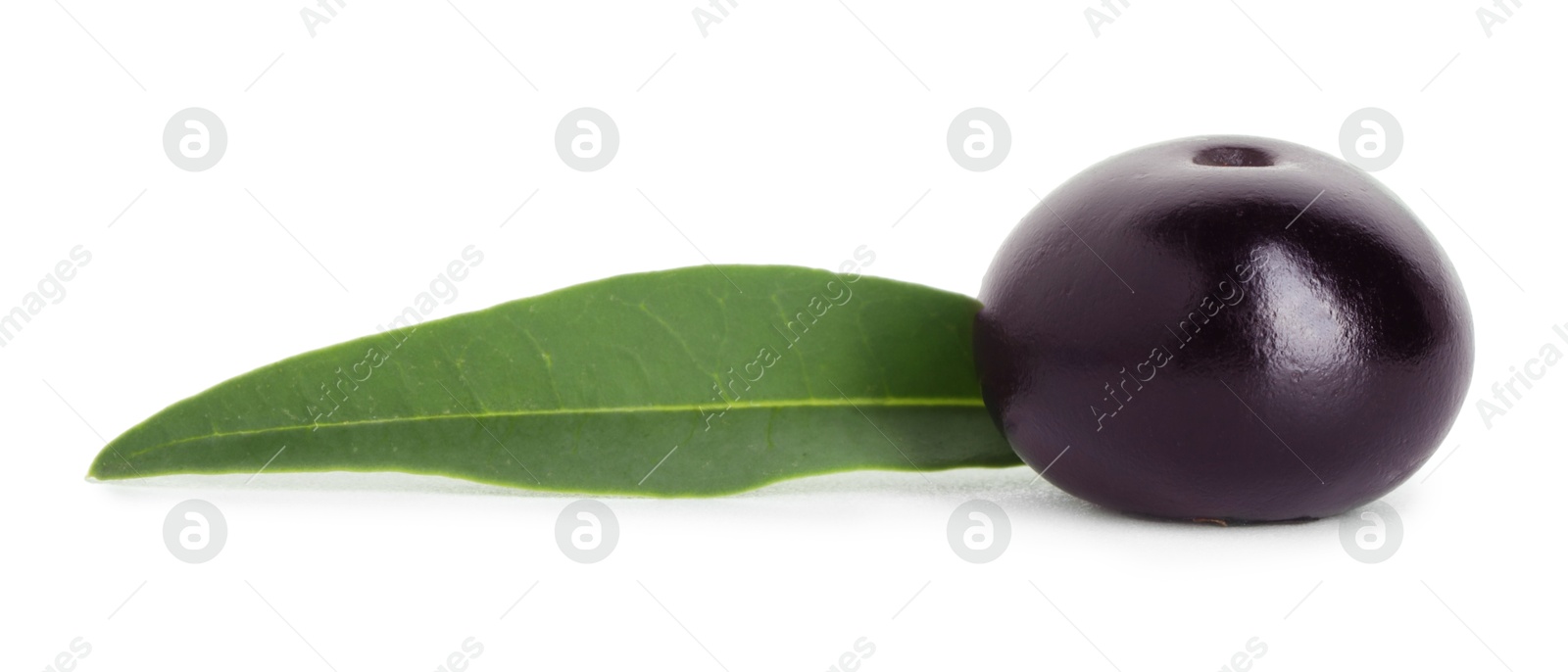 Photo of Fresh ripe acai berry and green leaf isolated on white