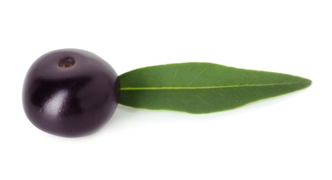 Photo of Fresh ripe acai berry and green leaf isolated on white