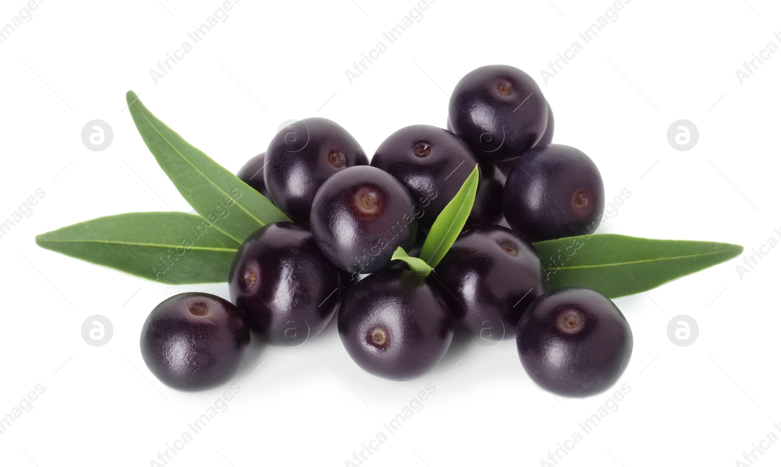 Photo of Fresh ripe acai berries and green leaves isolated on white