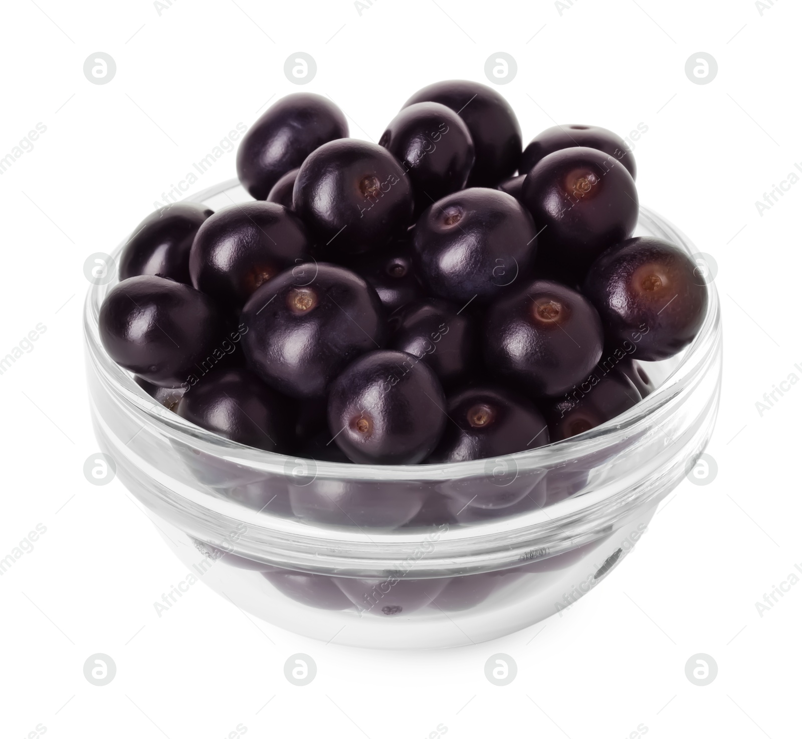 Photo of Fresh ripe acai berries in glass bowl isolated on white