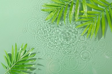 Palm leaves in water on light green background, flat lay. Space for text