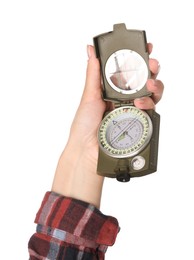 Woman holding compass on white background, closeup