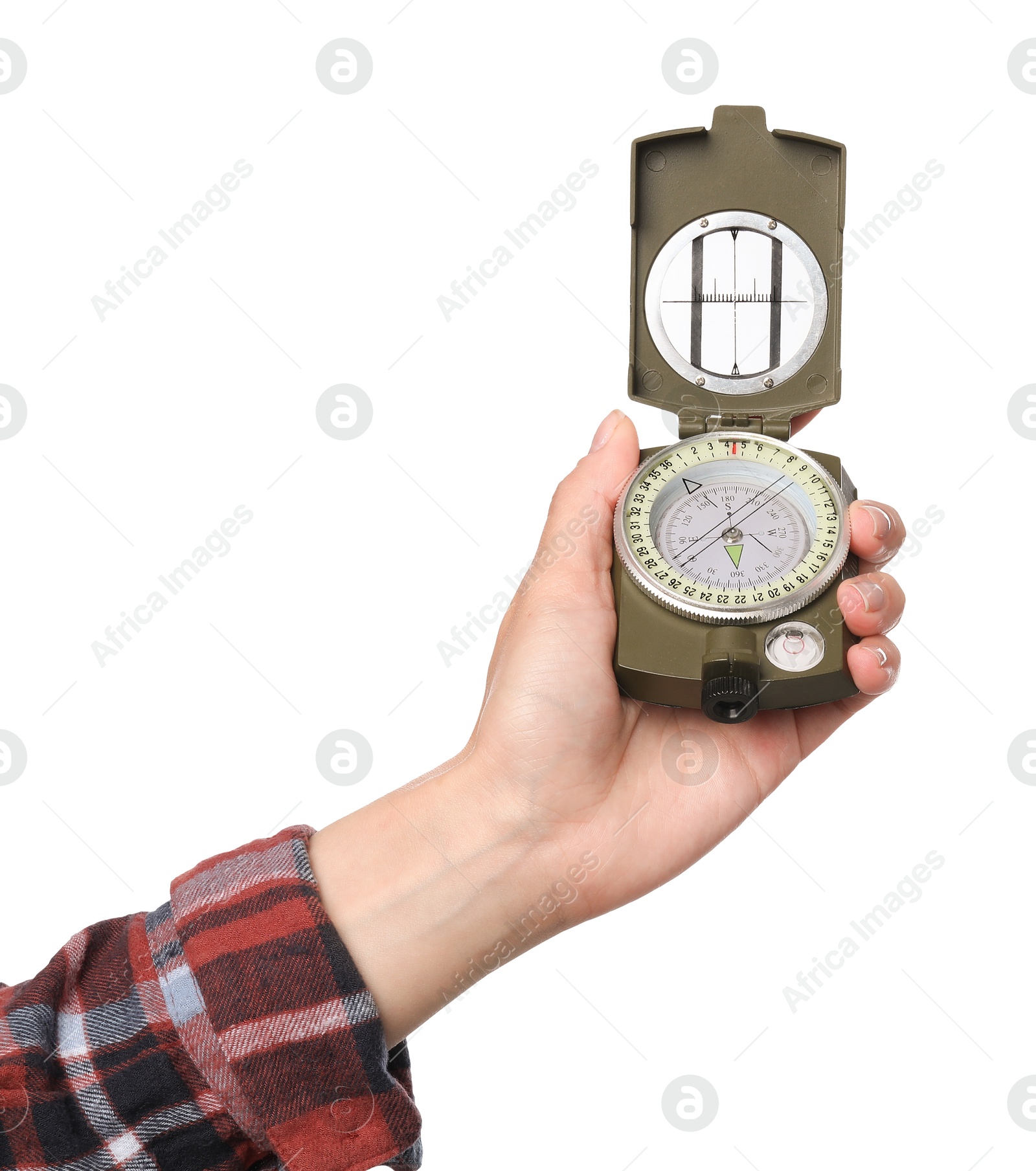 Photo of Woman holding compass on white background, closeup