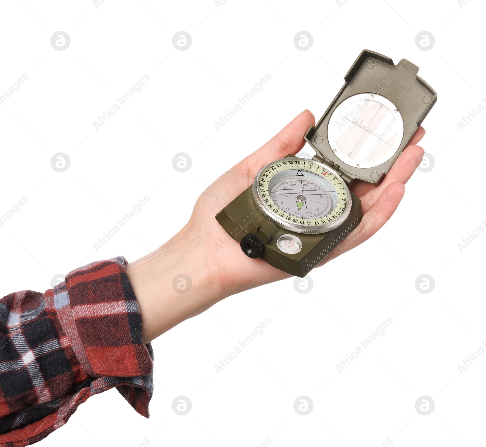 Photo of Woman holding compass on white background, closeup