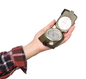 Photo of Woman holding compass on white background, closeup