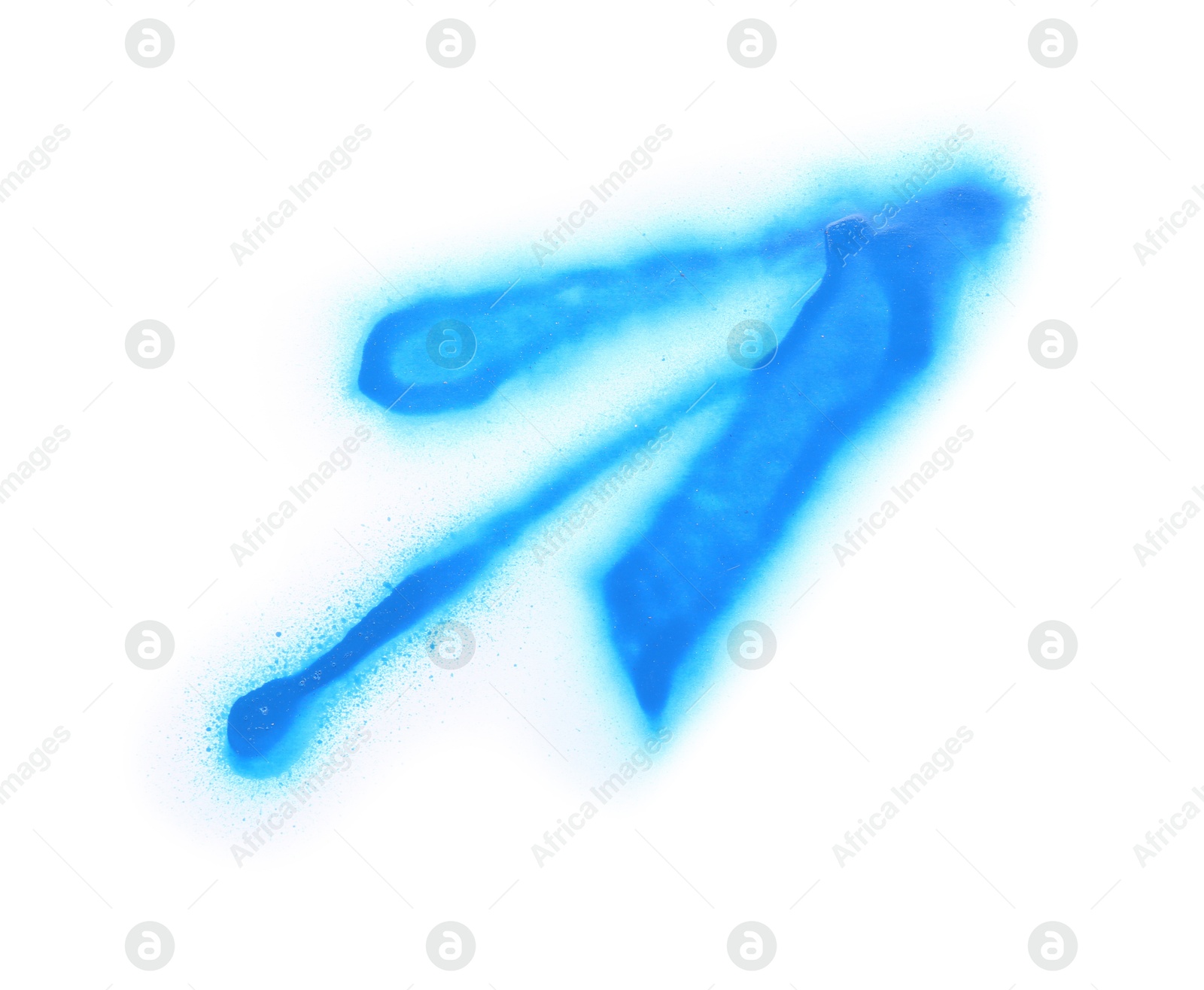 Photo of Arrow drawn by blue spray paint isolated on white, top view