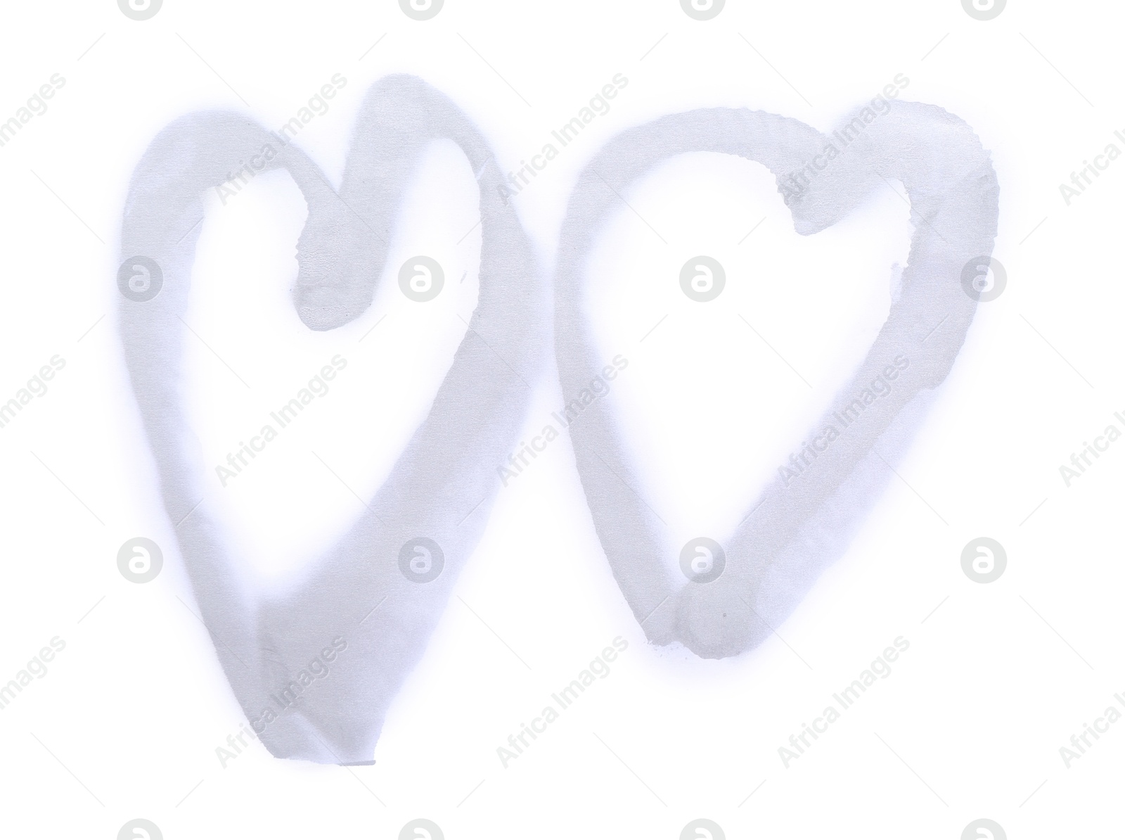 Photo of Hearts drawn by grey spray paint isolated on white, top view