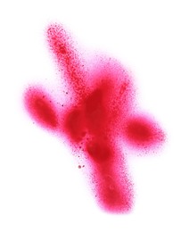 Photo of Abstract picture drawn by pink spray paint isolated on white, top view