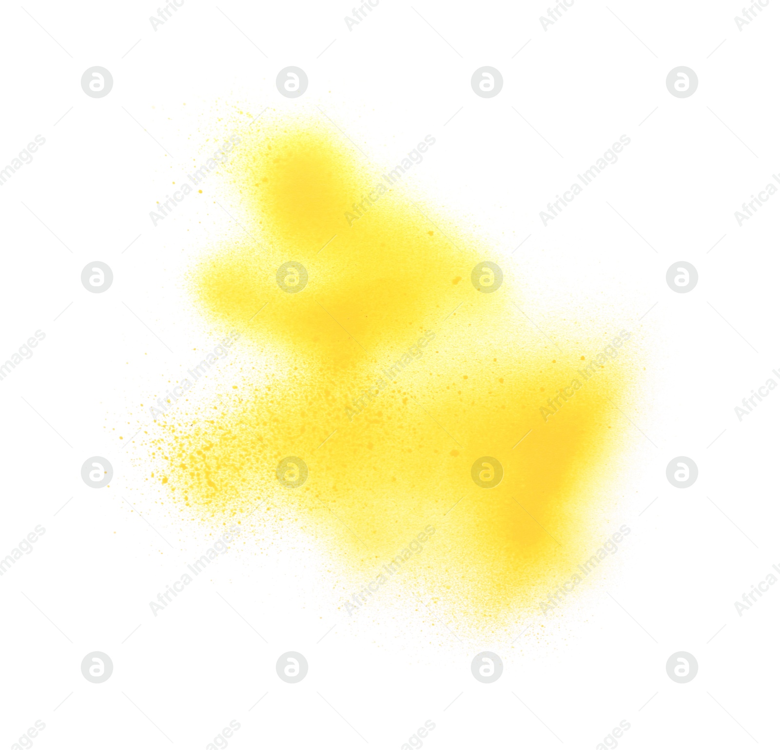 Photo of Abstract picture drawn by yellow spray paint isolated on white, top view