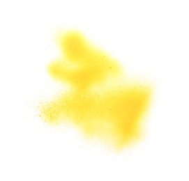 Photo of Abstract picture drawn by yellow spray paint isolated on white, top view