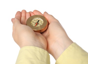 Photo of Woman holding compass on white background, closeup