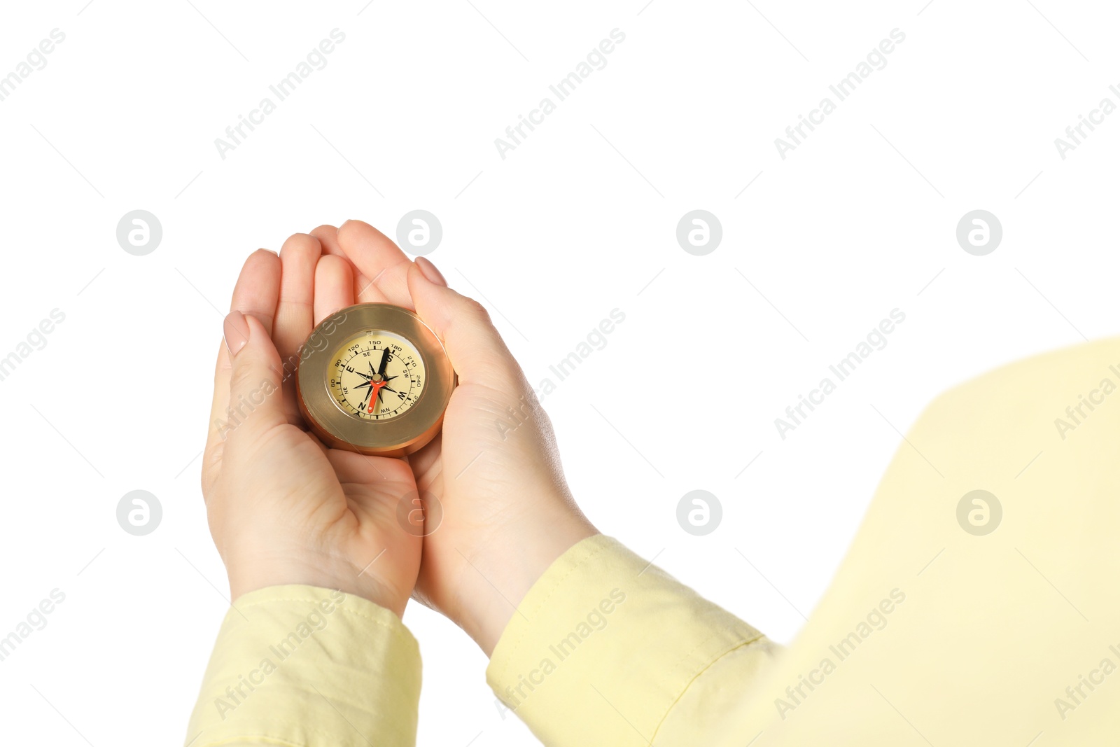 Photo of Woman holding compass on white background, closeup