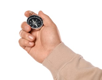 Photo of Man holding compass on white background, closeup