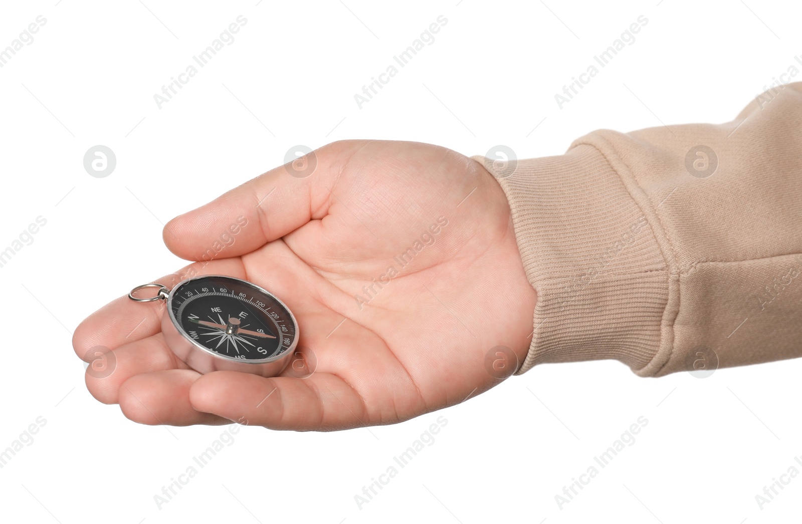 Photo of Man holding compass on white background, closeup