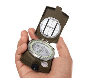 Photo of Man holding compass on white background, closeup