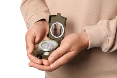 Photo of Man holding compass on white background, closeup