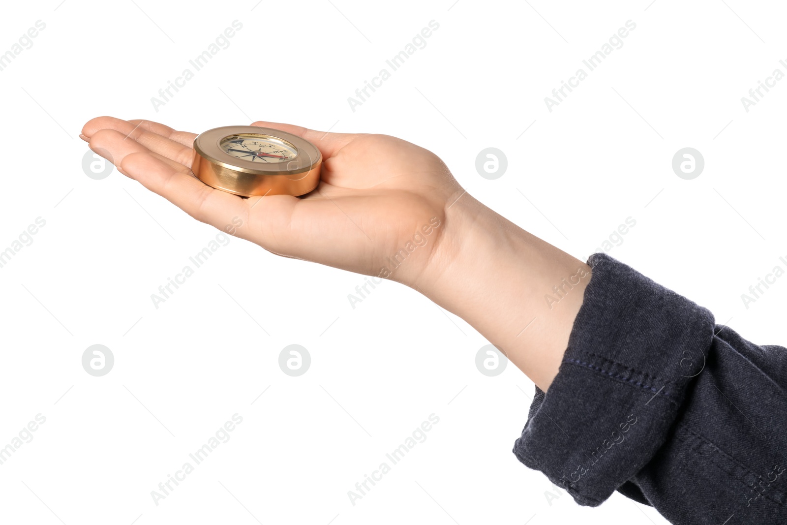 Photo of Woman holding compass on white background, closeup