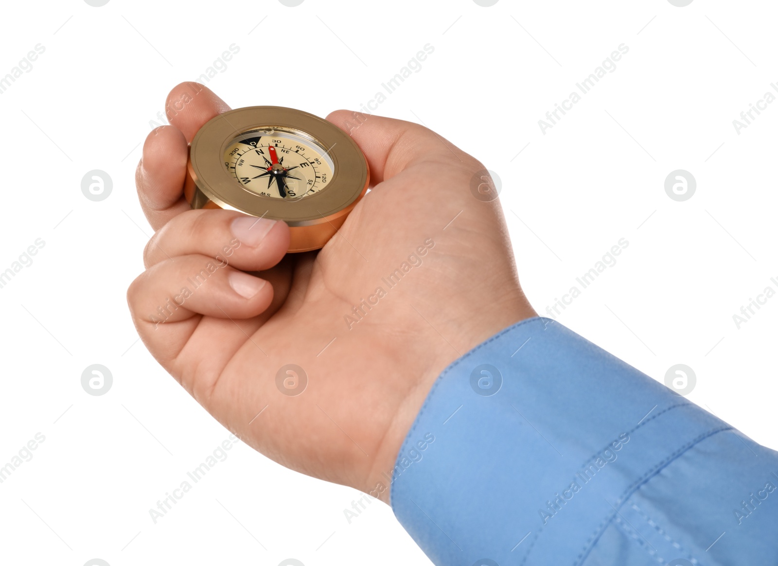 Photo of Man holding compass on white background, closeup