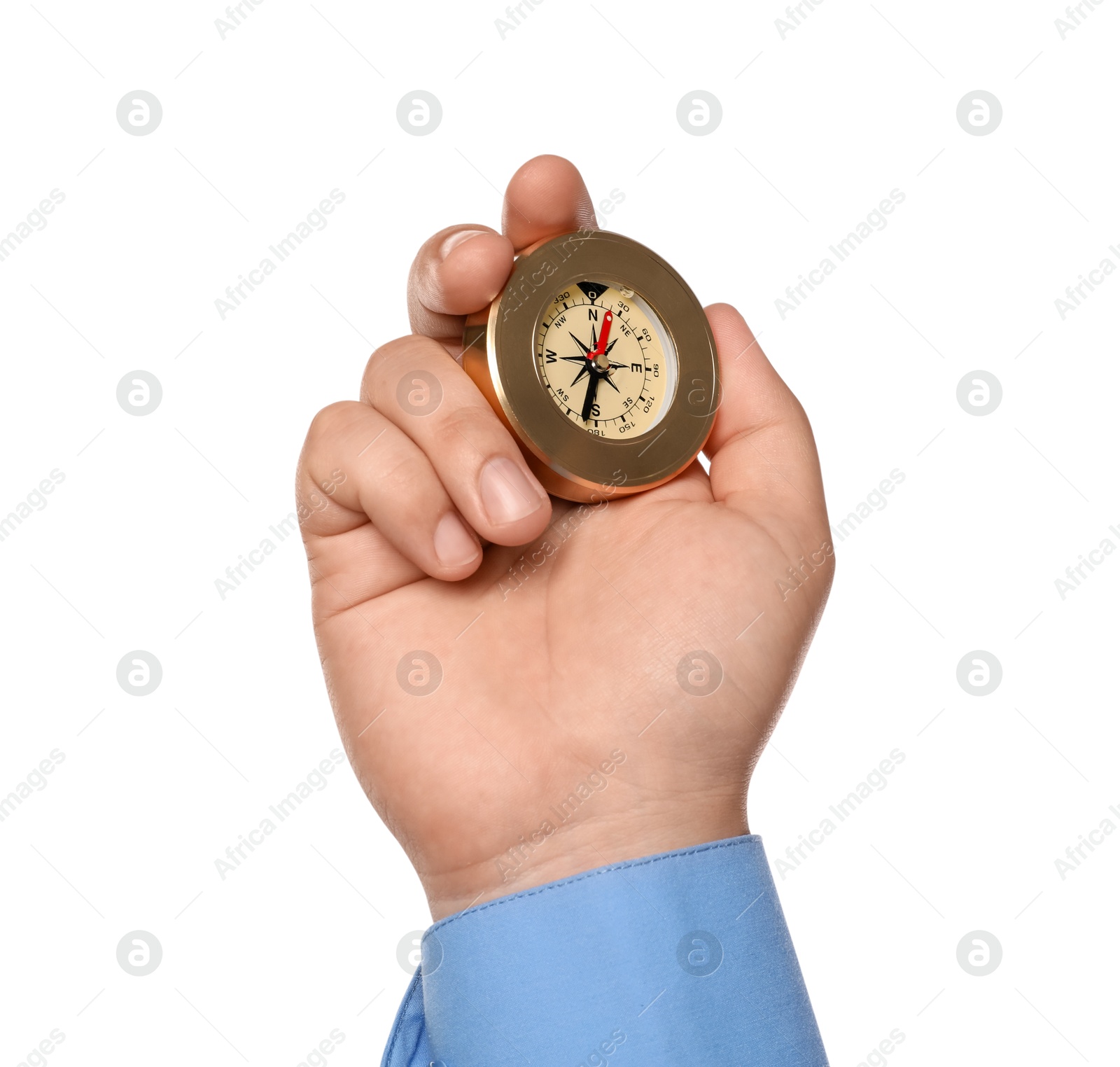 Photo of Man holding compass on white background, closeup