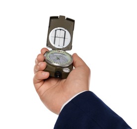 Photo of Man holding compass on white background, closeup