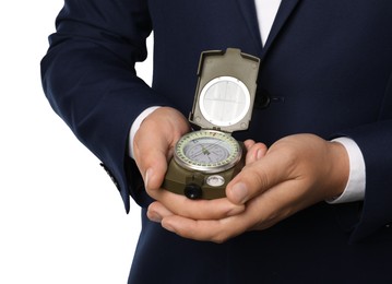 Photo of Man holding compass on white background, closeup