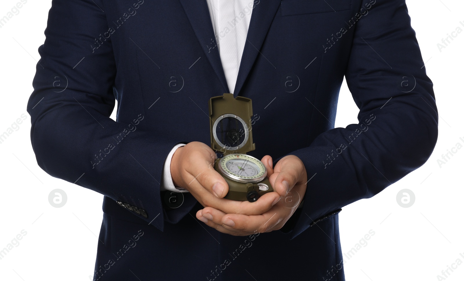 Photo of Man holding compass on white background, closeup