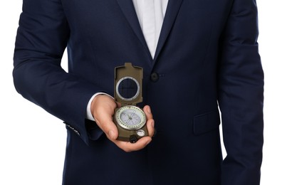 Photo of Man holding compass on white background, closeup