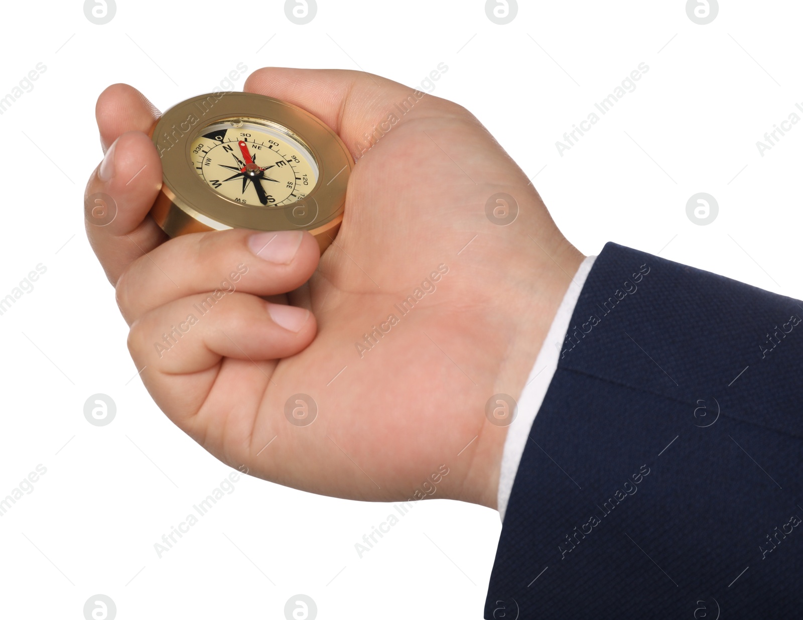 Photo of Man holding compass on white background, closeup