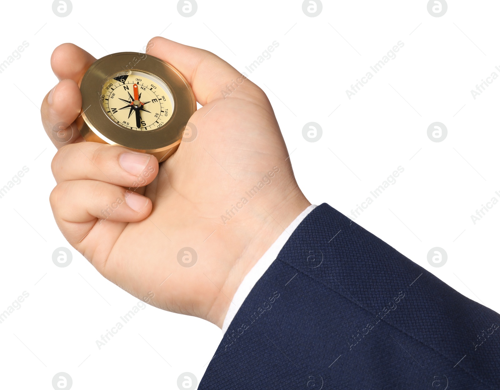 Photo of Man holding compass on white background, closeup