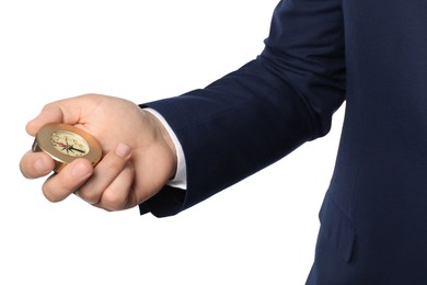 Man holding compass on white background, closeup