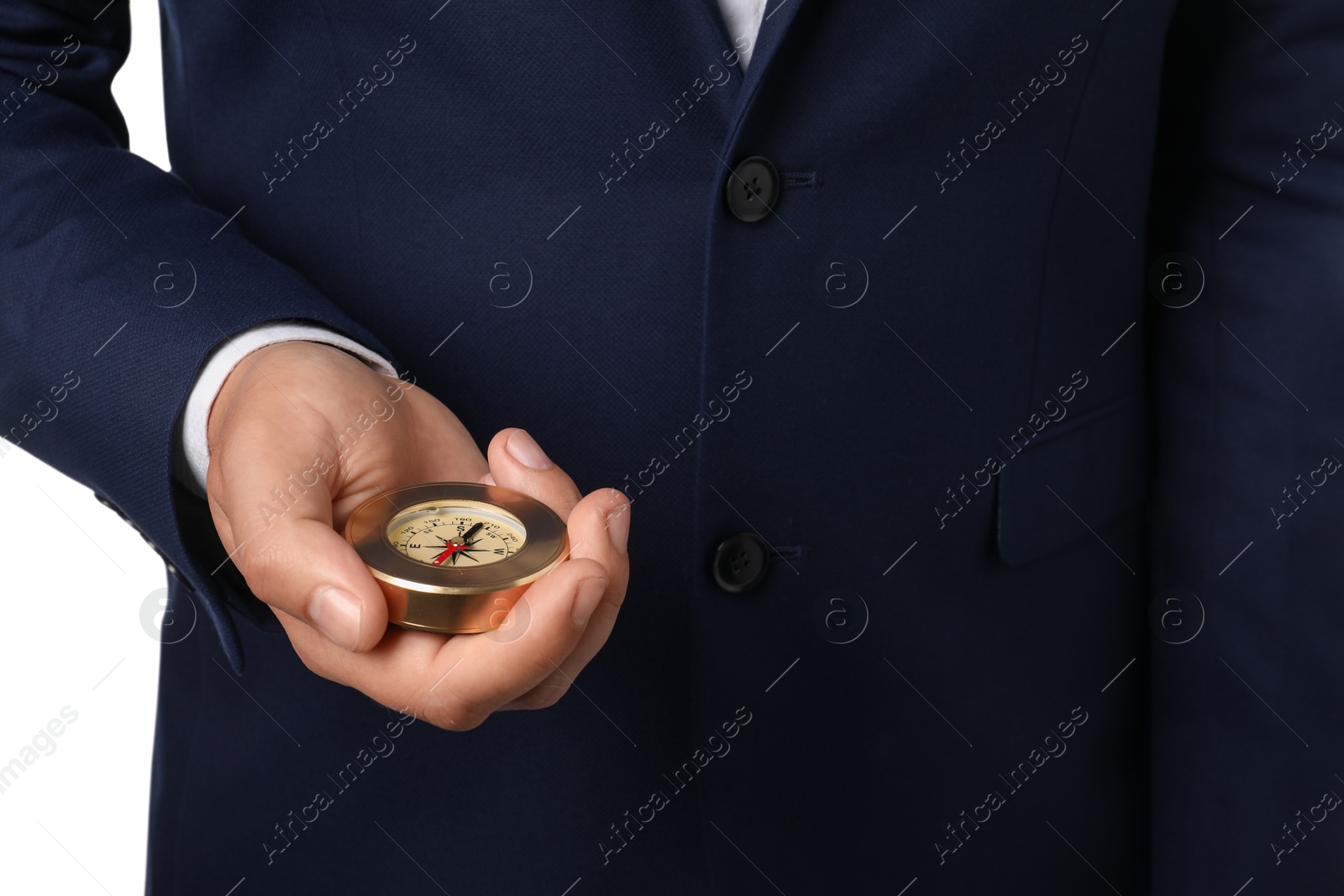 Photo of Man holding compass on white background, closeup