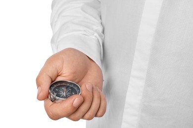 Photo of Man holding compass on white background, closeup