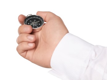 Photo of Man holding compass on white background, closeup