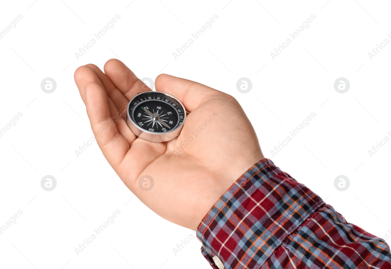 Photo of Man holding compass on white background, closeup