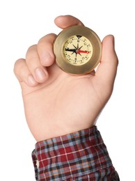 Photo of Man holding compass on white background, closeup